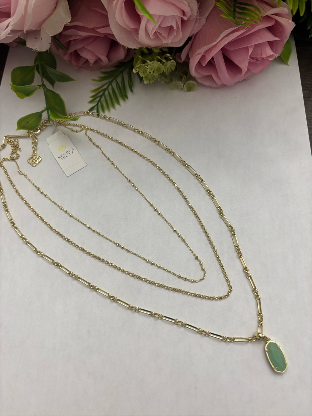 NWT Kendra Scott Elisa Triple Strand Necklace - Gold Matte Iridescent Mint - Picture 5 of 9